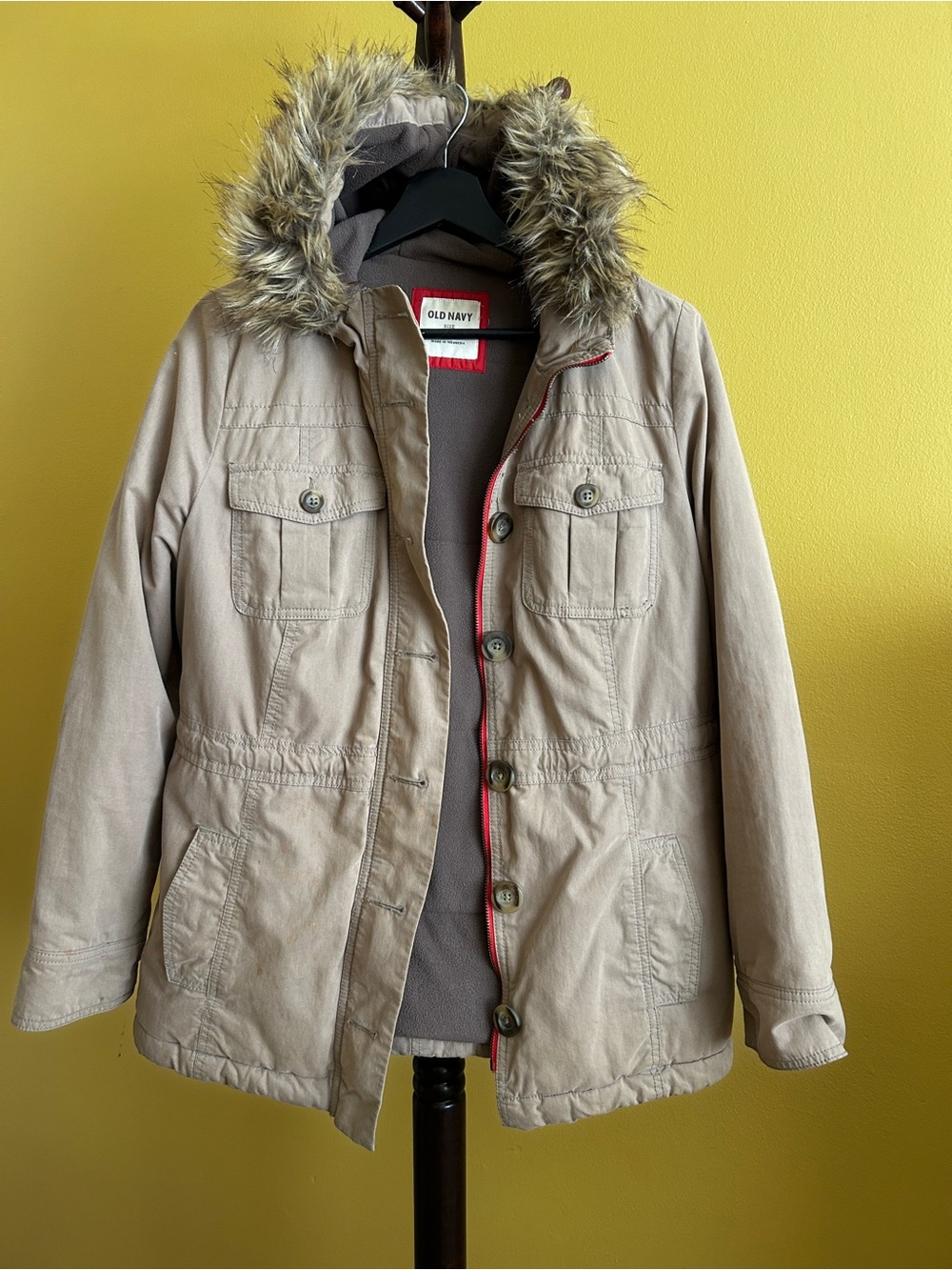 Old Navy Beige Women’s Hooded Utility Jacket with Faux Fur Trim